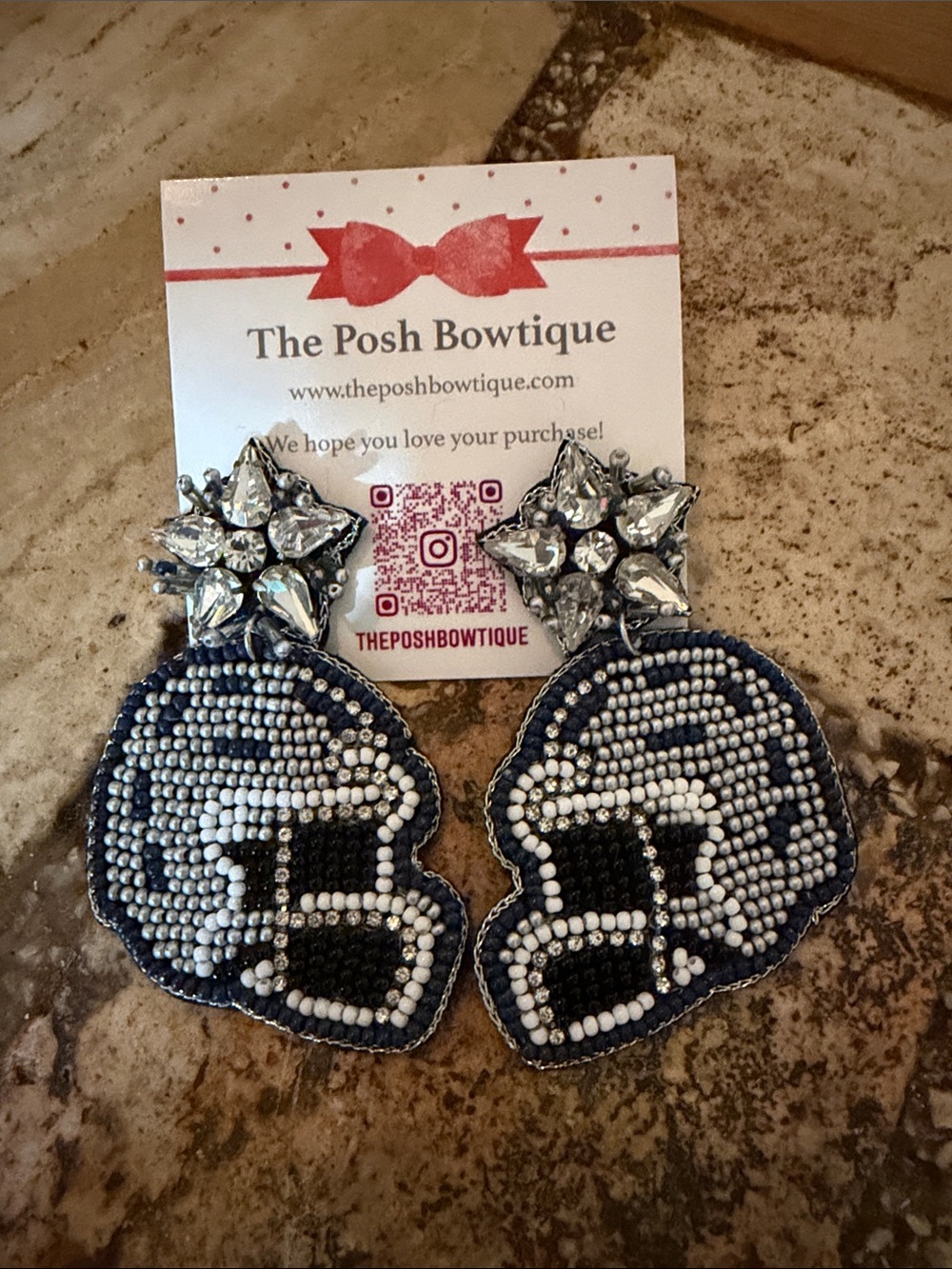 NWT Dallas Navy Blue Cowboy’s Silver Helmets Seed Beaded Statement Earrings
